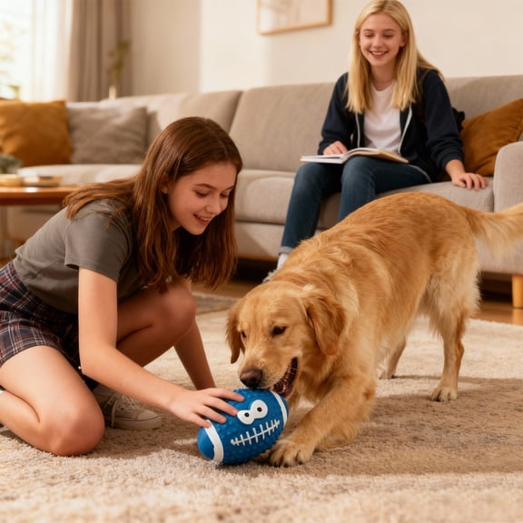 Large Smiley Rugby Squeaky Dog Toys for Medium Dogs,Durable Stuffed Pet Fetch Ball ,Soft Interactive Chew Toy for Teething Relief