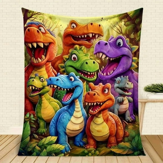Large Smiling Dinosaurs Flannel Blanket, Cozy Throw with Cute Dinosaur Pattern for Bed and Sofa