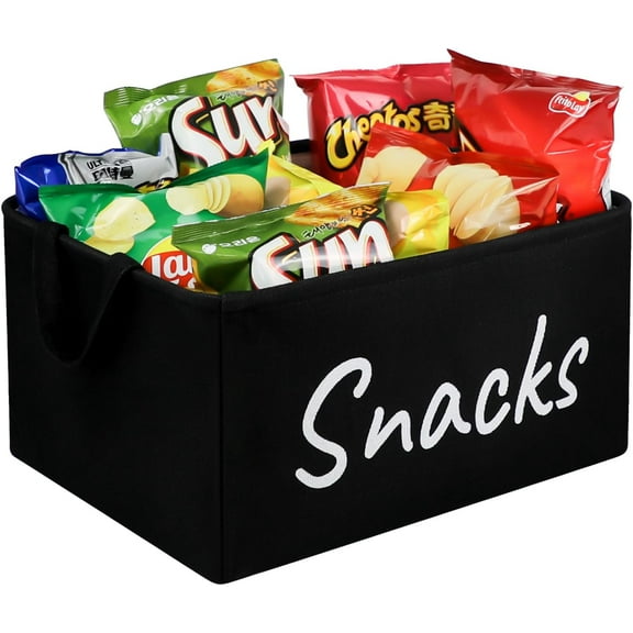 Large Snack Bin for Pantry Chips & Pretzels with Handles & Label - Sturdy Imitation Linen Food Storage Container - Multipurpose Kitchen Counter Organizer for Bread, Fruit & Snacks