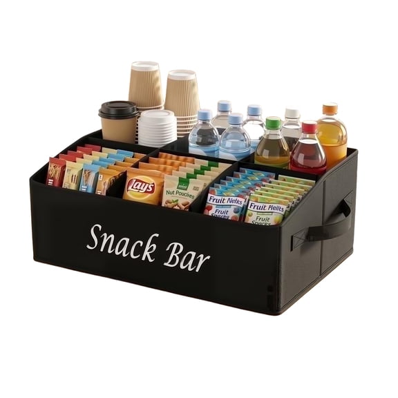 Large Snack Organizer for Countertop, 6 Section Fabric Basket with Handles, Coffee Bar Accessories, Snack Bin for Candy Cookies Popcorn, Collapsible Drink Holder, Black
