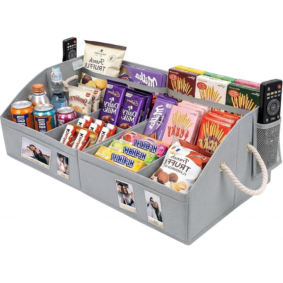Large Snack Organizer for Countertop, Foldable Storage Basket with 8 Adjustable Compartments & Handles, 28'' Snack Containers Box for Pantry, Snack Bar Station & Movie Night Supplies