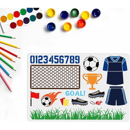 Large Soccer Stencil Soccer Ball Stencil Template 23.6×15.7inch 0-9 Number Goal Trophy Football Boots Clothes Net Stencil Football Themed Stencils DIY Crafts Home Decor for DIY