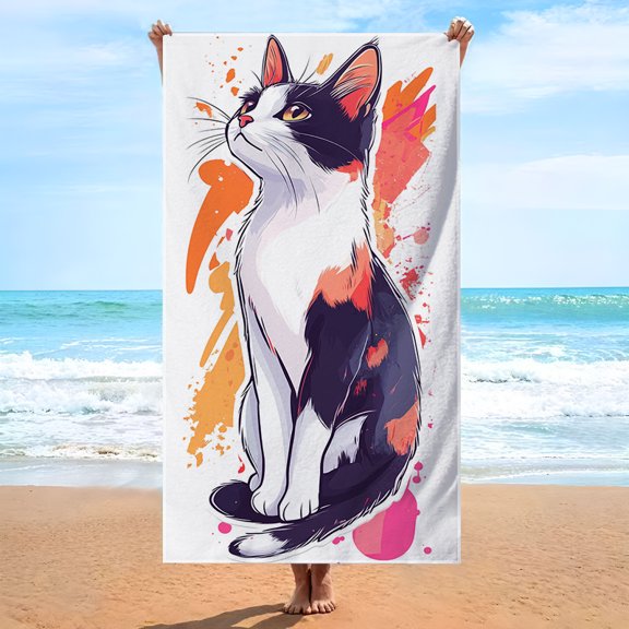 Large Soft Microfiber Cat Beach Bath Towel - Large Bath and Swimming Towel with Tabby Cat Splash Ink Design, Cute Kitten Pattern, Suitable for Daily, Travel, Swimming Pool, Camping
