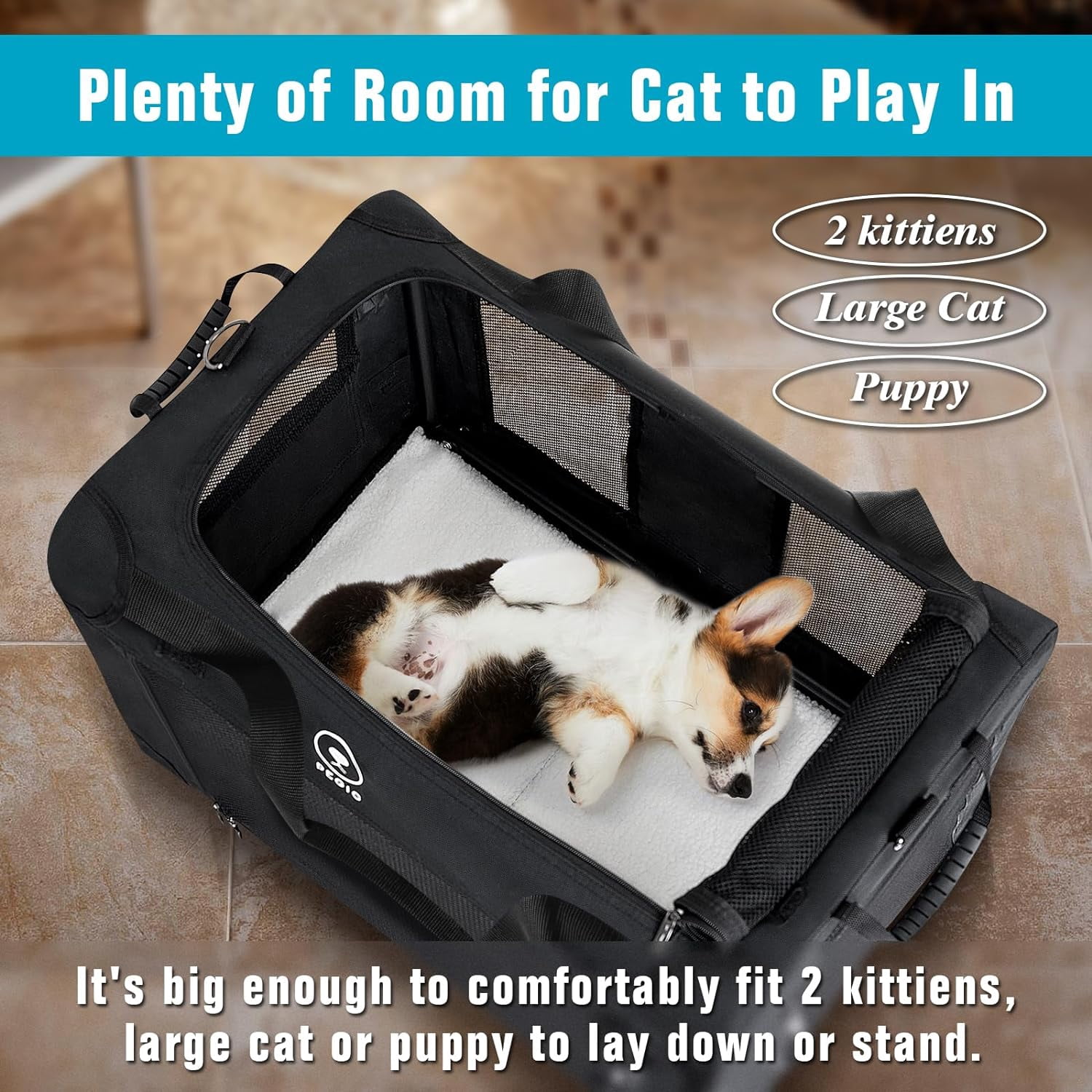 Large Soft Sided   for Car Travel with Metal Frame, Collapsible Pet Crate for Cats Dogs  to 50lbs, Black
