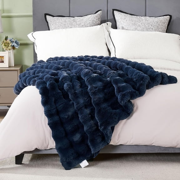Large Soft Thick Fuzzy Bubble Faux Rabbit Fur Blanket - Queen Size 80" x 90",Double Sided Comfy Plush Warm Shaggy Fluffy Blankets, Luxury Big Cozy Cute Textured Furry Bed Blanket, Navy Blue