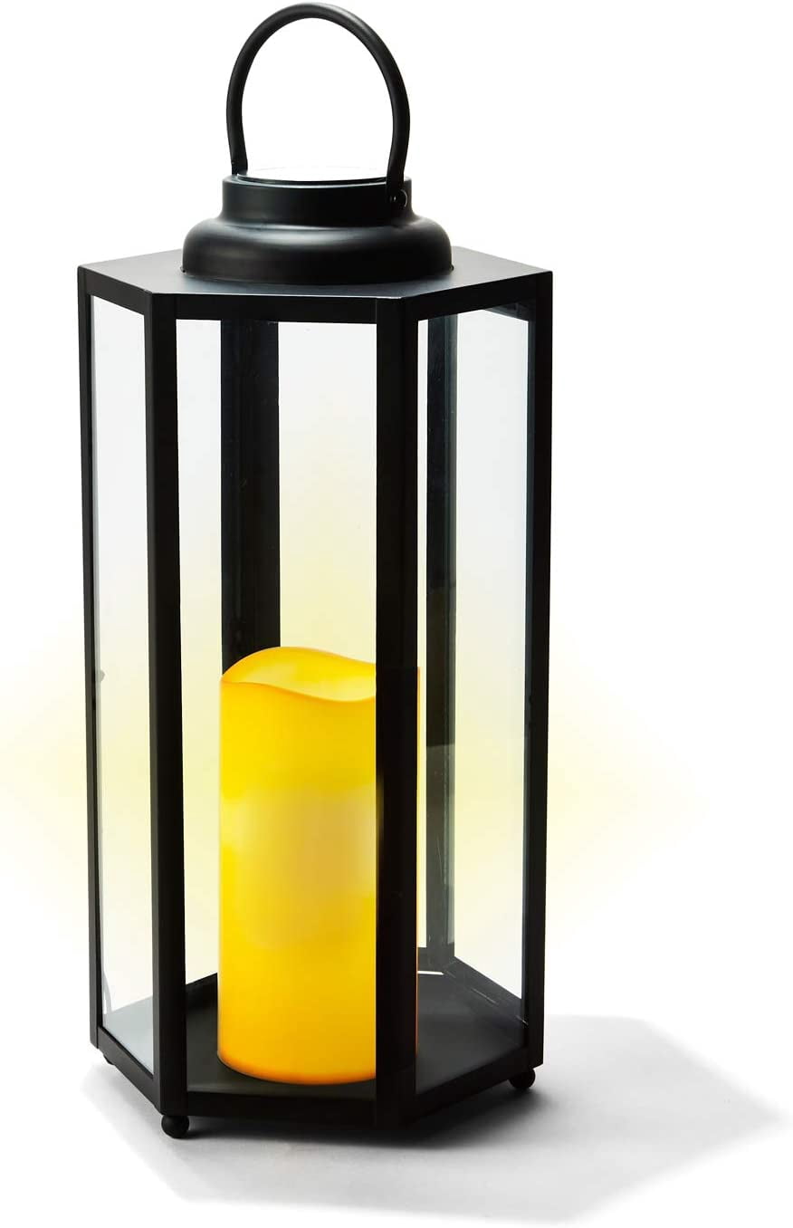 Large Solar Candle Lantern 18 Inch Tall, Glass Panels, Matte Black