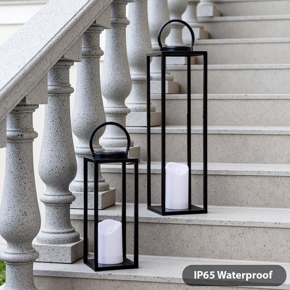 Large Solar Outdoor Lanterns, Farmhouse Style Black Metal Waterproof Decorative Lanterns with Built-in Solar Candles, Suitable for Front Porch, Patio, Christmas And Fall Decorations - 2pcs