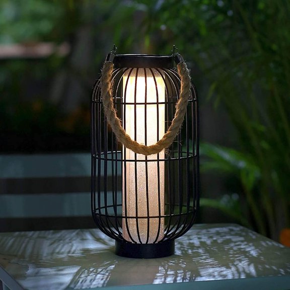 Large Solar Powered Lantern Outdoor-Heavy Duty Metal Hanging Lights Decorative Solar Table Lamp Waterproof for Outside Patio Yard Garden Porch Tabletop Decor (Black)
