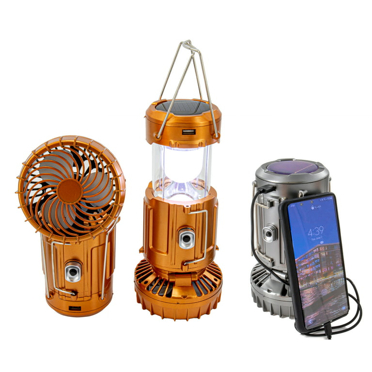 Large Solar Powered Lantern w/ Fan - Rechargeable Camping Flashlight Lamp w/ Battery Backup - Portable, Adjustable, Collapsible, Solar Charging