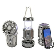Large Solar Powered Lantern w/ Fan - Rechargeable Camping Flashlight Lamp w/ Battery Backup - Portable, Adjustable, Collapsible, Solar Charging Station - Rechargeable Fan With Light - Gray