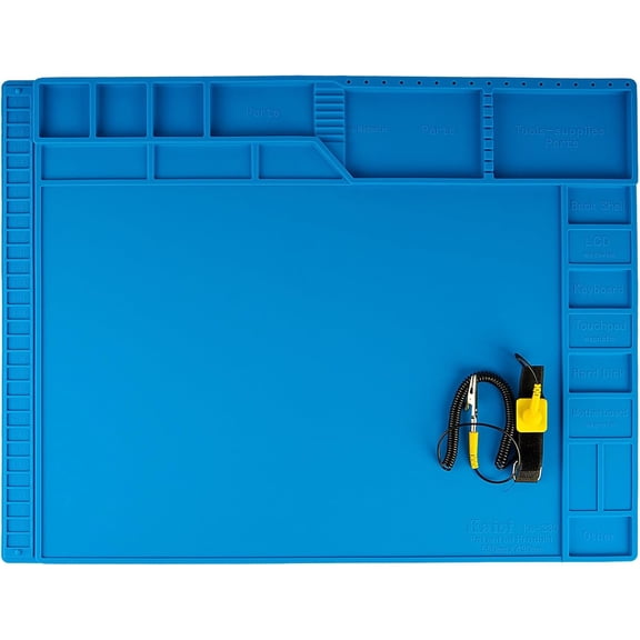 Large Soldering Mat Heat Resistant,Silicone work mat,Magnetic solder mat,Electronic Solder Pad with Anti Static Wrist Strap for Soldering Station,Phone,Laptop,Tablet,Watch Repair(Blue)
