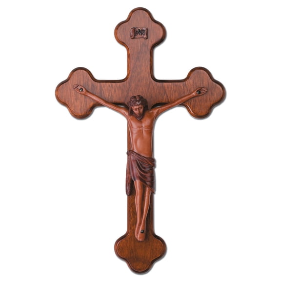 Large Solid Mahogany Budded Style Wall Crucifix