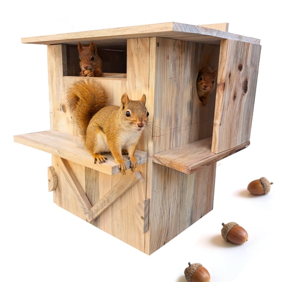 Large Solid Wood Squirrel House with Feeder - Natural Handmade Outdoor Nesting Box with Multi Platform for Squirrels & Chipmunks - Easy Mounting Kit for Backyard, Tree, or Fence