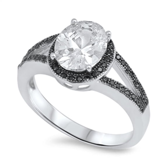 Large Solitaire White CZ Wedding Ring Sterling Silver Black Halo Band 925 Jewelry Female Size 7