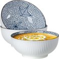 thumbnail image 1 of Large Soup Bowls, Pho & Ramen Set of 3, 60 oz Blue & White Porcelain - Leaf Pattern, 1 of 9