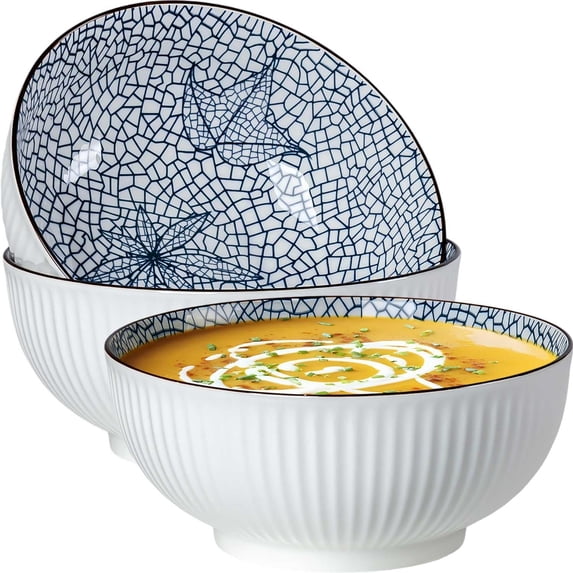 Large Soup Bowls, Pho & Ramen Set of 3, 60 oz Blue & White Porcelain - Leaf Pattern