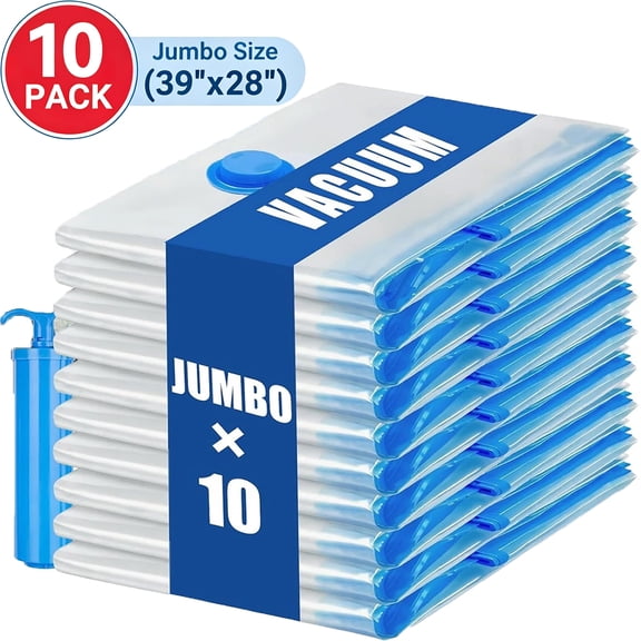 Izrizr Large Space Vacuum Storage Bags 10 Jumbo Pack with Pump for Clothes Comforters Blankets Bedding