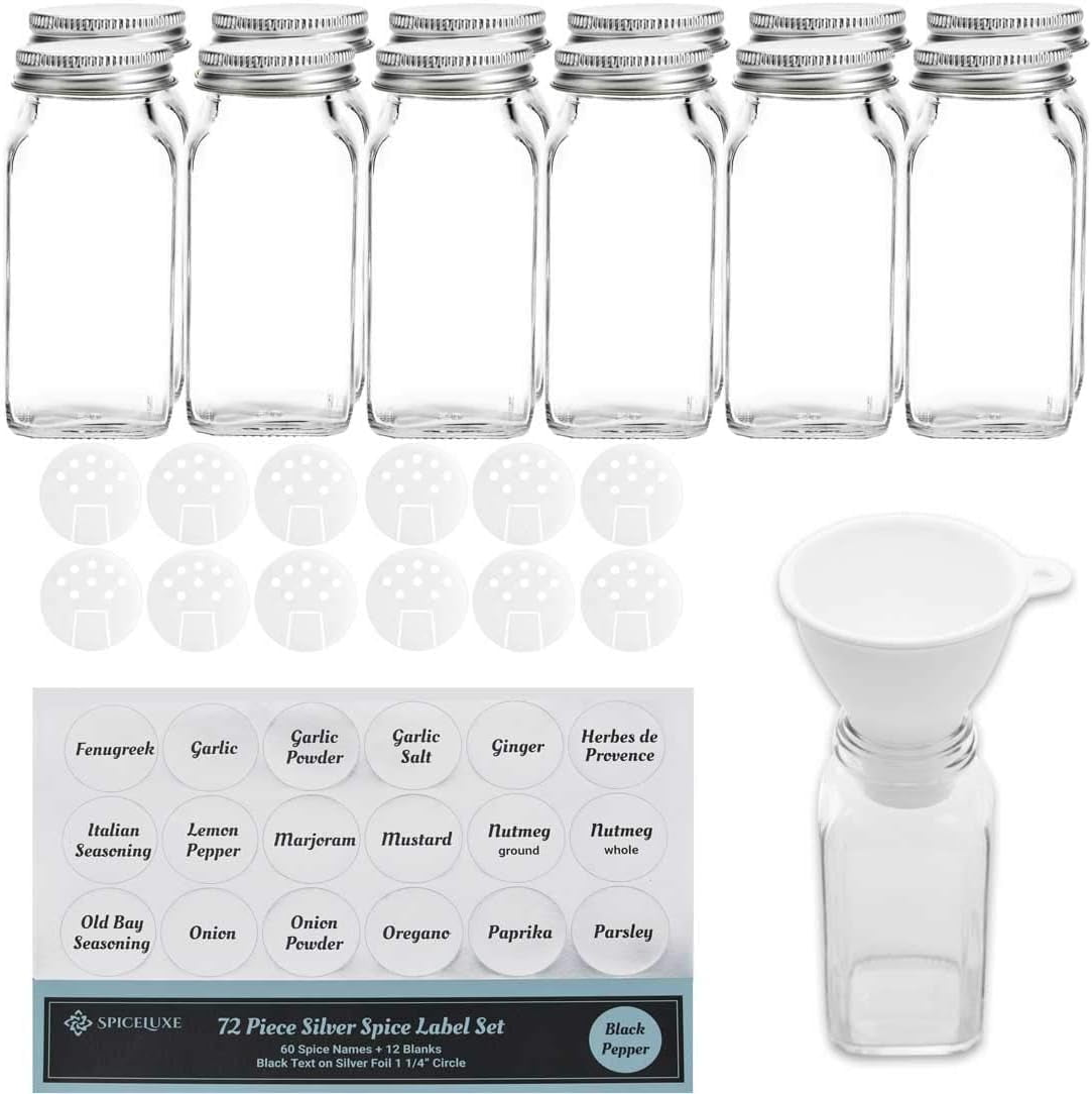 Large Spice Jar Set 12 Square Glass 6 Oz Spice Bottles, 72 Premium Labels, 12 Shaker Tops