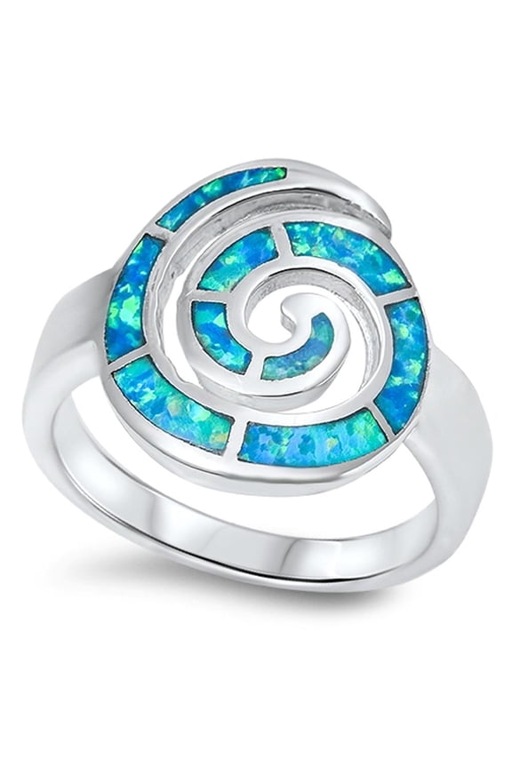 Large Spiral Blue Simulated Opal Ring .925 Sterling Silver Band CZ Jewelry Female Size 10