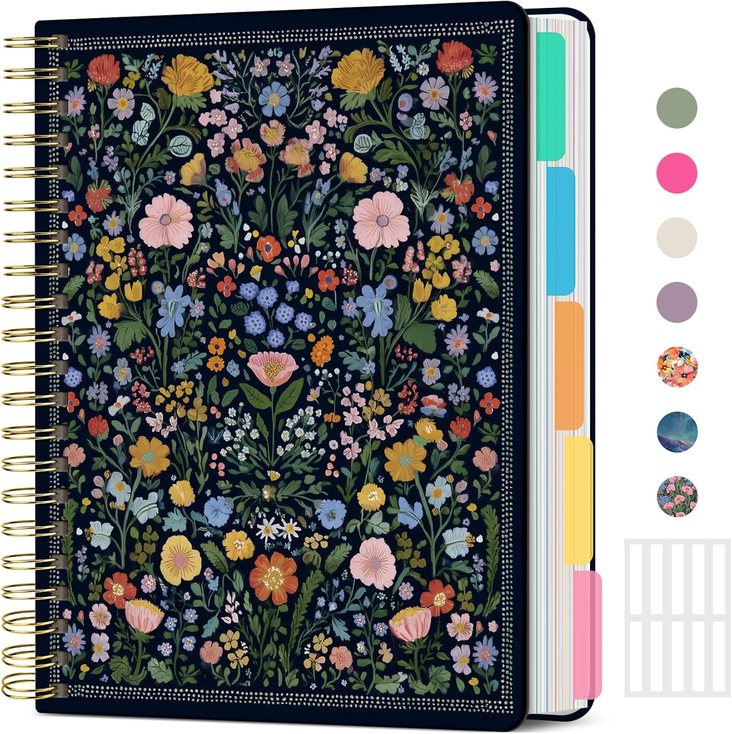 Large Spiral Lined Notebook for Women, 8.5"x11" Hardcover 5-Subject Journal with Removable Dividers & Tabs, 280 Pages, College Ruled, Garden of Whimsy