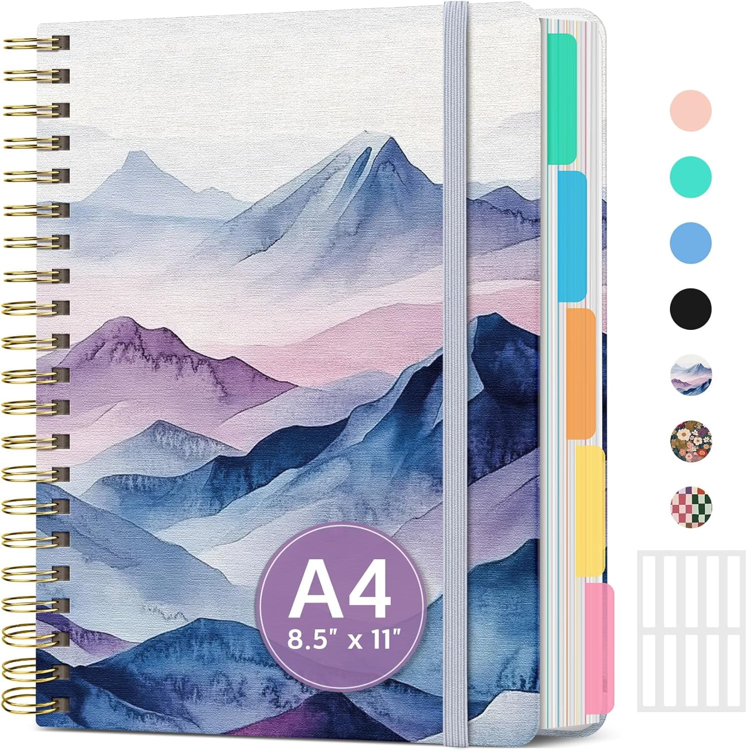 Large Spiral Lined Notebook for Women, 8.5"x11" Hardcover 5-Subject Journal with Removable Dividers & Tabs, 280 Pages, College Ruled, Distant Peaks