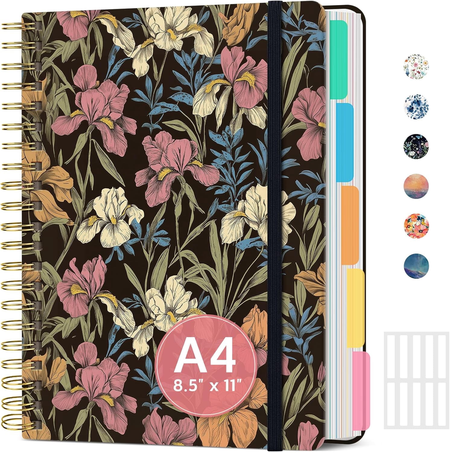 Large Spiral Lined Notebook for Women, 8.5"x11" Hardcover 5-Subject Journal with Removable Dividers & Tabs, 280 Pages, College Ruled, Vintage Iris