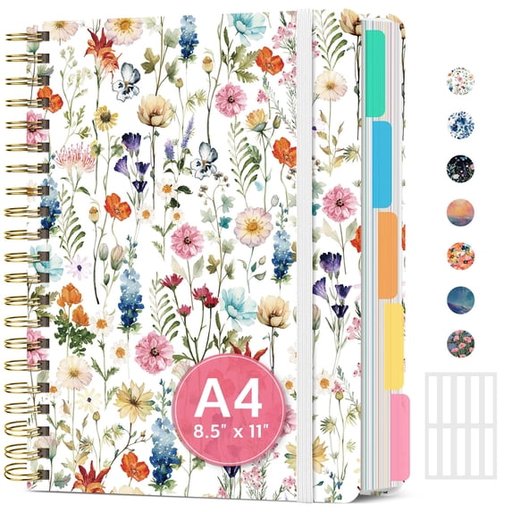 Large Spiral Lined Notebooks For Work With Removable Dividers & Tabs 8.5"x11" Pretty Hardcover 5 Subject Notebook Journal Women College Ruled Study Office Organization 280 Pages Wildflowers