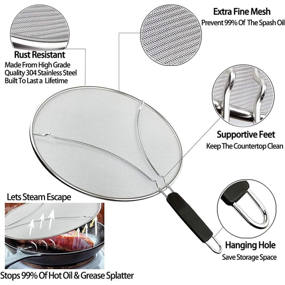 Large Splatter Screen for Frying Pan, 15 Inch Stainless Steel Grease Splatter Guard, Mesh Frying Screen Keeps Kitchen Clean and Protects Skin From Burns$$Home Decor, Kitchen, & Other