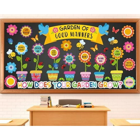 Spring Bulletin Board Flowers Decorations Classroom Garden of Good Manners Positive Bulletin Board Set Spring Butterfly Flowers Bee Cutouts Wall Decals for Teachers Classroom School Kids Decor