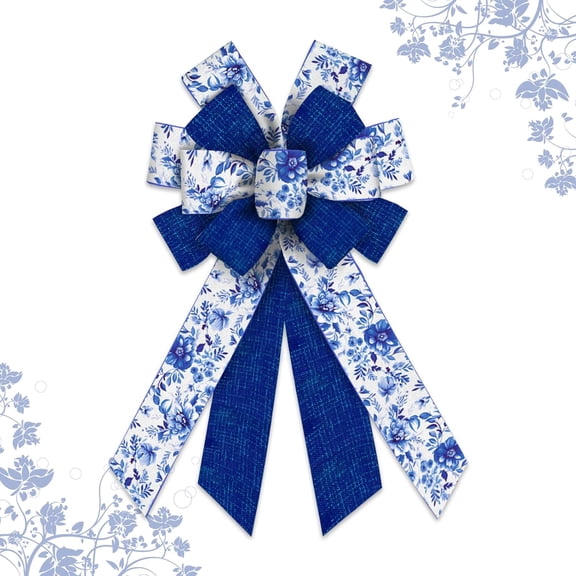 Hsomely Large Spring Chinoiserie Blue Bow, Burlap Wired 11.42x20.87 inch, Wreath Tree Accent Indoor Outdoor Decor