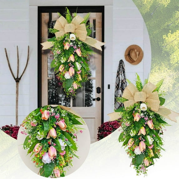 Large Spring Teardrop Wreath for Front Door with Artificial Tulips and Burlap Bow,Handmade Floral Swag for Easter Decor,Hanging Ornament for Porch Wall Mantle Staircase Window Decoration