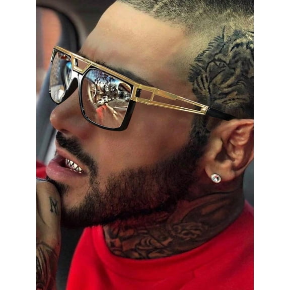 Large Square Clear Lens Glasses for Men, Retro Double Bridge Metal Frame Punk Eyewear, Fashion Aviator Style Personalized Hip Hop Non-Prescription Spectacles, Silver and Gold