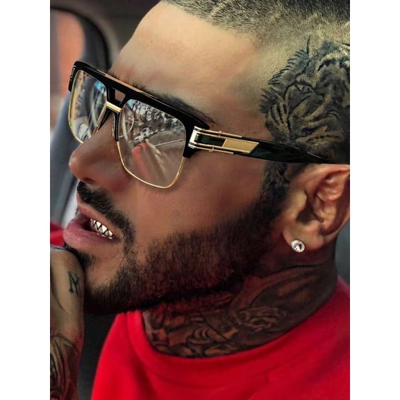 Large Square Clear Lens Glasses for Men, Retro Double Bridge Metal Frame Punk Eyewear, Fashion Aviator Style Personalized Hip Hop Non-Prescription Spectacles, Silver and Gold