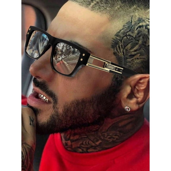 Large Square Clear Lens Glasses for Men - Retro Double Bridge Metal Frame Punk Eyewear, Personalized Hip Hop Clear Fashion Glasses for Parties and Daily Style, Silver/Gold