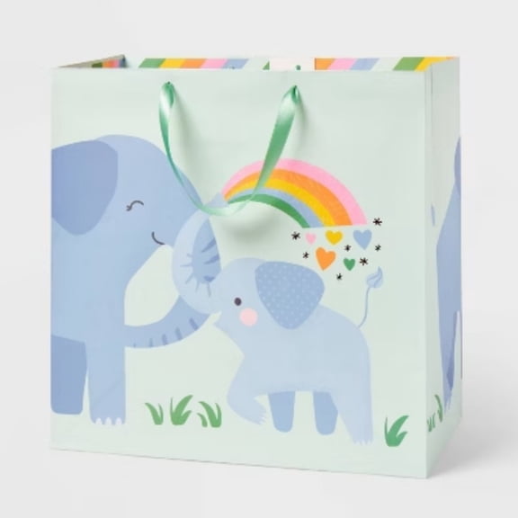 Large Square Elephant Baby Shower Gift Bag Green - Spritz
