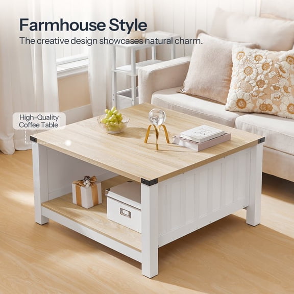 Large Square Farmhouse Style Coffee Table with Storage Shelves and Drawers in Light Wood Finish, Modern Rustic Design for Living Room, Apartment, or Office