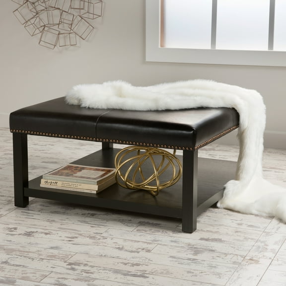 Large Square Faux Leather Ottoman Bench, Coffee Table Ottoman with Rack & Solid Wood Legs, Oversized Style for Living Room