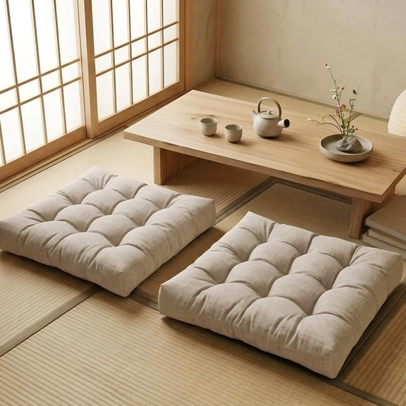 Large Square Floor Cushion 22 x 22 Inch with Non-Slip Bottom, Memory Foam Floor Pillow for Sitting, Meditation & Yoga, Soft Supportive Floor Seating Cushion for Adults & Kids (2, Oatmeal)