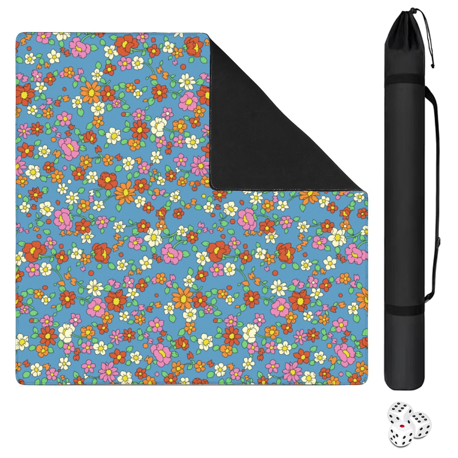 Large Square Floral Rubber Mat for Mahjong 31.5 Inch Game Table Pad Anti-Skid Base Soft Surface Reduces Noise for Tile Games and Game Nights