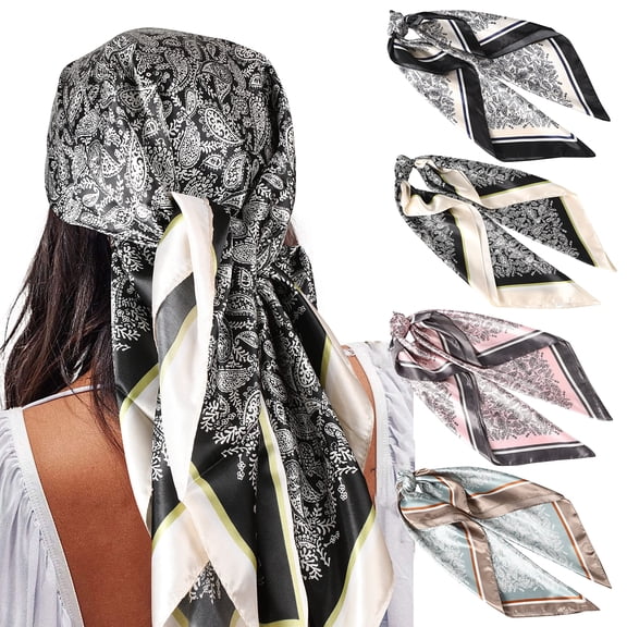 Large Square Head Scarves - 4PCS Like Neck Scarf Hair Sleeping Wraps Lightweight Satin Silk Scarfs for Women