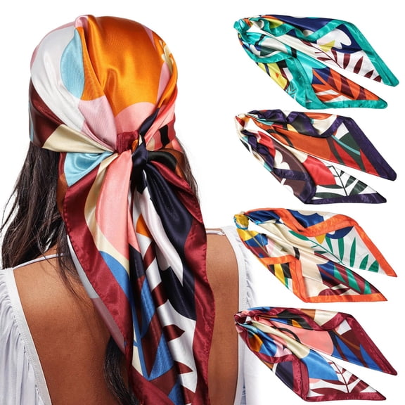 Large Square Head Scarves - 4PCS Like Neck Scarf Hair Sleeping Wraps Lightweight Satin Silk Scarfs for Women
