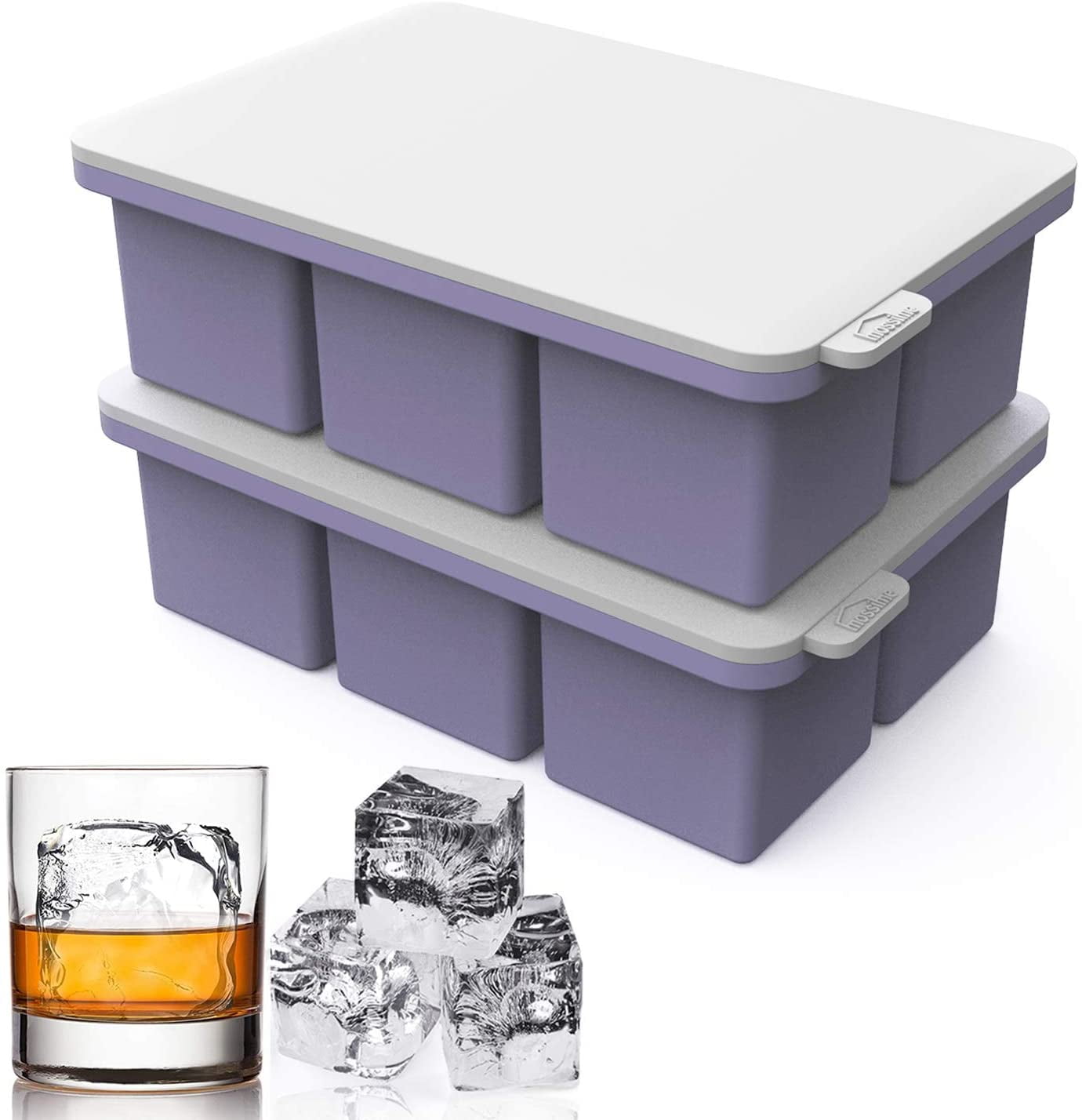 Large Square Ice Cube Tray with lid, Big Block 2 Inch, Giant Cocktail Silicone Ice Maker, Scotch Whiskey Easy Release Reusable Ice Cubes for Soup Freezer Wine Juice