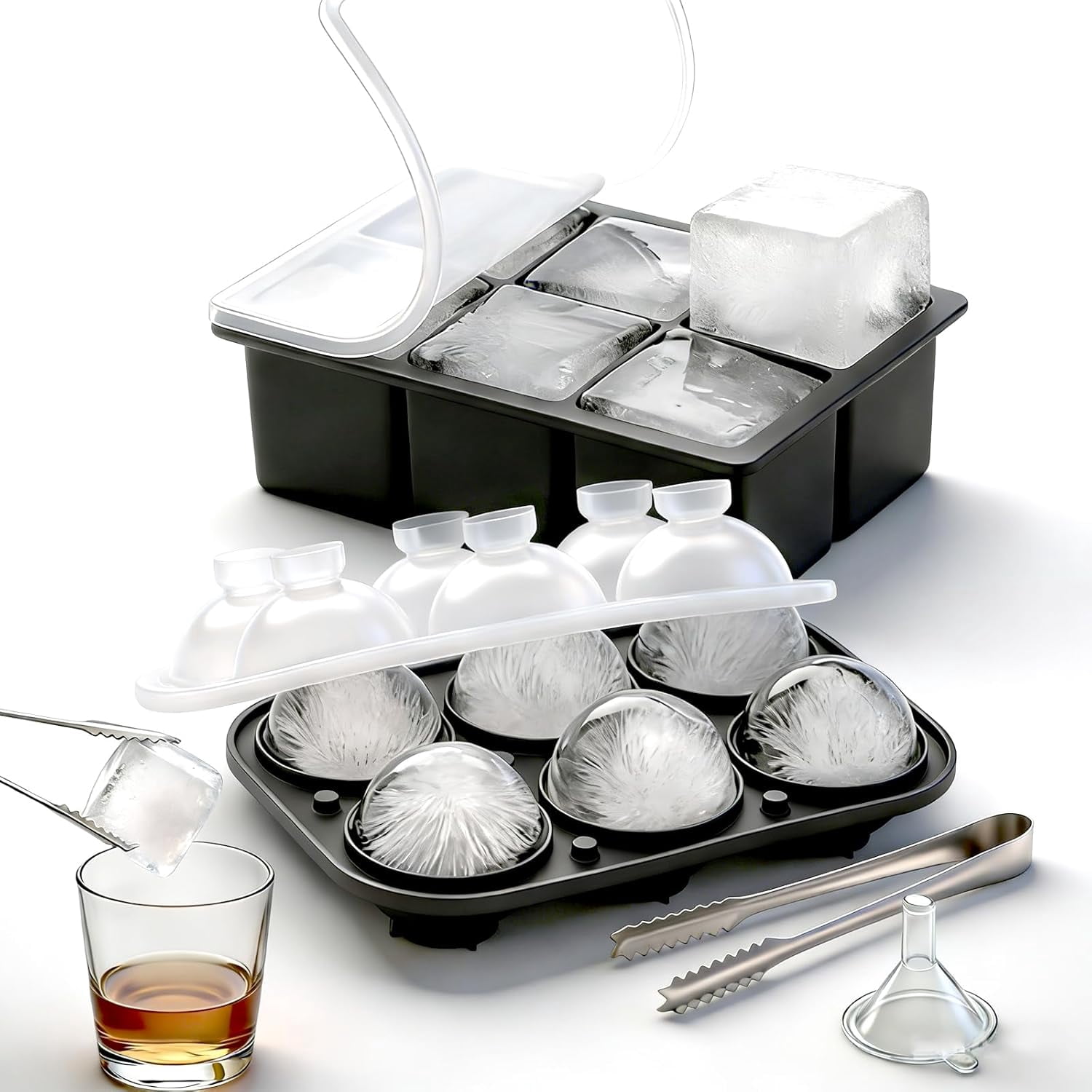Large Square Ice Molds with Sealed Lid & Clamp, Silicone Ice Cube Trays (Set of 2) - 6pcs Big Square & 6 pcs Ball Ice Maker for Whiskey, Cocktails and Coffee, Keep Drinks Chilled, BPA-Free