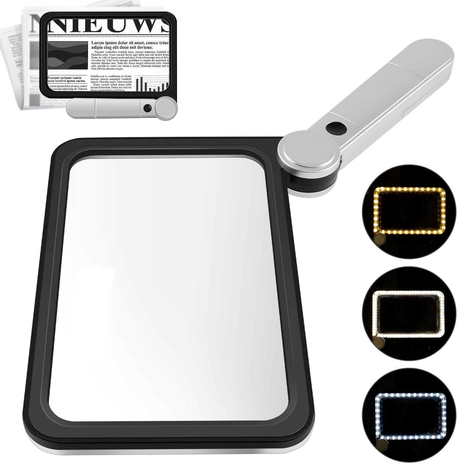 Large Square Magnifying Glass Foldable Full Page 5X Magnifier 72 LED Lighted Magnifier Handheld