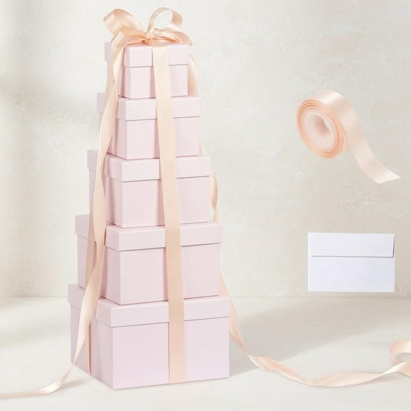 Large Square Nesting Gift Boxes with Lids, Pink Stacking Gift Box with Ribbon Card for Wedding Birthday Party Valentine Christmas
