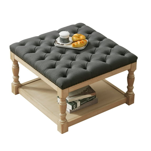 Large Square Ottoman Coffee Table, 28.4W x 28.4D x 18.5H in, Button-Tufted Ottoman with Solid Wood Frame,Gray