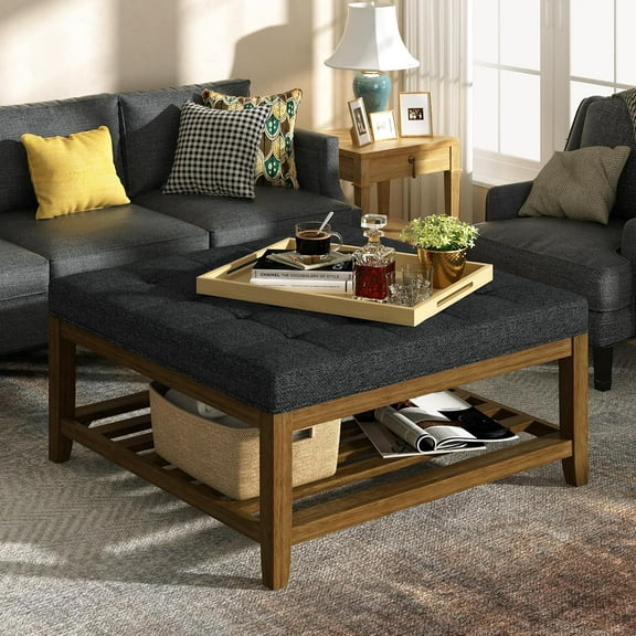 Large Square Ottoman Coffee Table, Linen Solid Upholstered Footrest Ottoman with Solid Wood Shelf Storage Tufted Coffee Table for Bedroom Living Room, Dark Gray