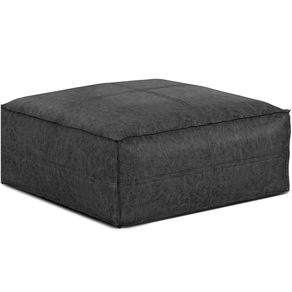 Large Square Ottoman Coffee Table Pouf with Distressed Black Faux Leather Upholstery