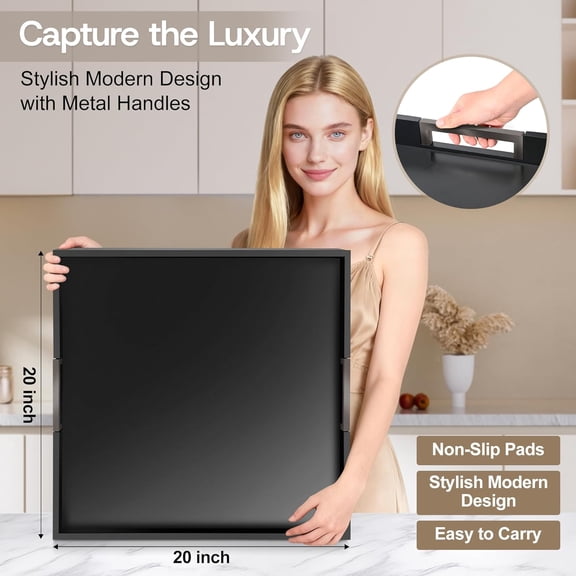 Large Square Ottoman Tray for Living Room and Coffee Table 20 Inch Decorative Wooden Serving Tray with Handles