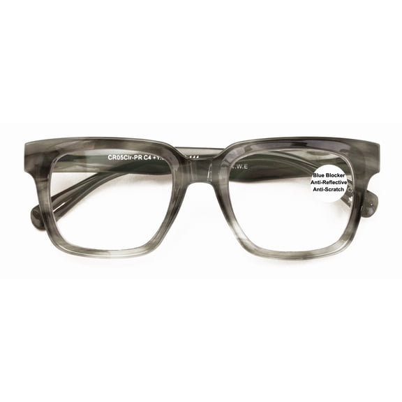 Large Square Oversized Anti Blue Blocker Reading Glasses - UV Protection Clear Lens AR Coating Reader Unisex CR05AB +1.25